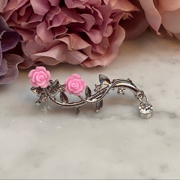 Pink Rose Delicate Leaves & Crystal Earring Cuffs - Picture 13 of 16